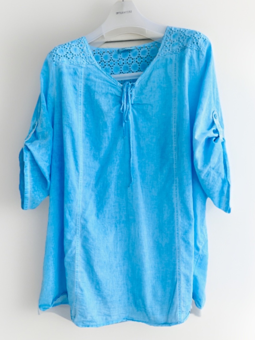 Canda Blue Cotton Boho Tunic Blouse Lace Eyelet V-Neck 3/4 Sleeve US 4X / 24-26